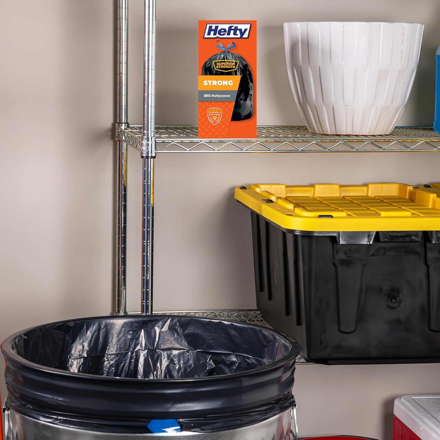 Hefty Strong 30 Gallon Trash Bags, Large Trash Bags 30 Gallon Size, Durable Drawstring Enclosure, Resists Punctures, Leaks, and Tears, Black, Unscented, 56 Bags