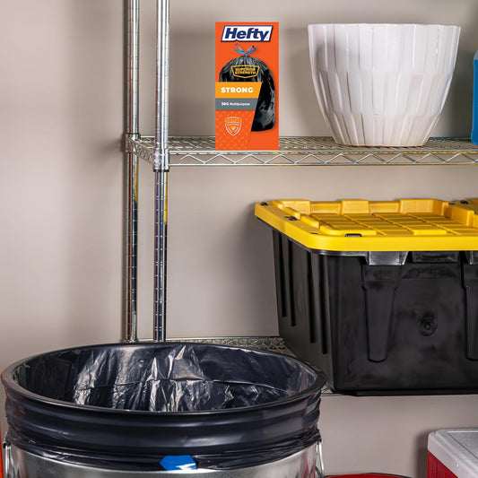Hefty Strong 30 Gallon Trash Bags, Large Trash Bags 30 Gallon Size, Durable Drawstring Enclosure, Resists Punctures, Leaks, and Tears, Black, Unscented, 56 Bags