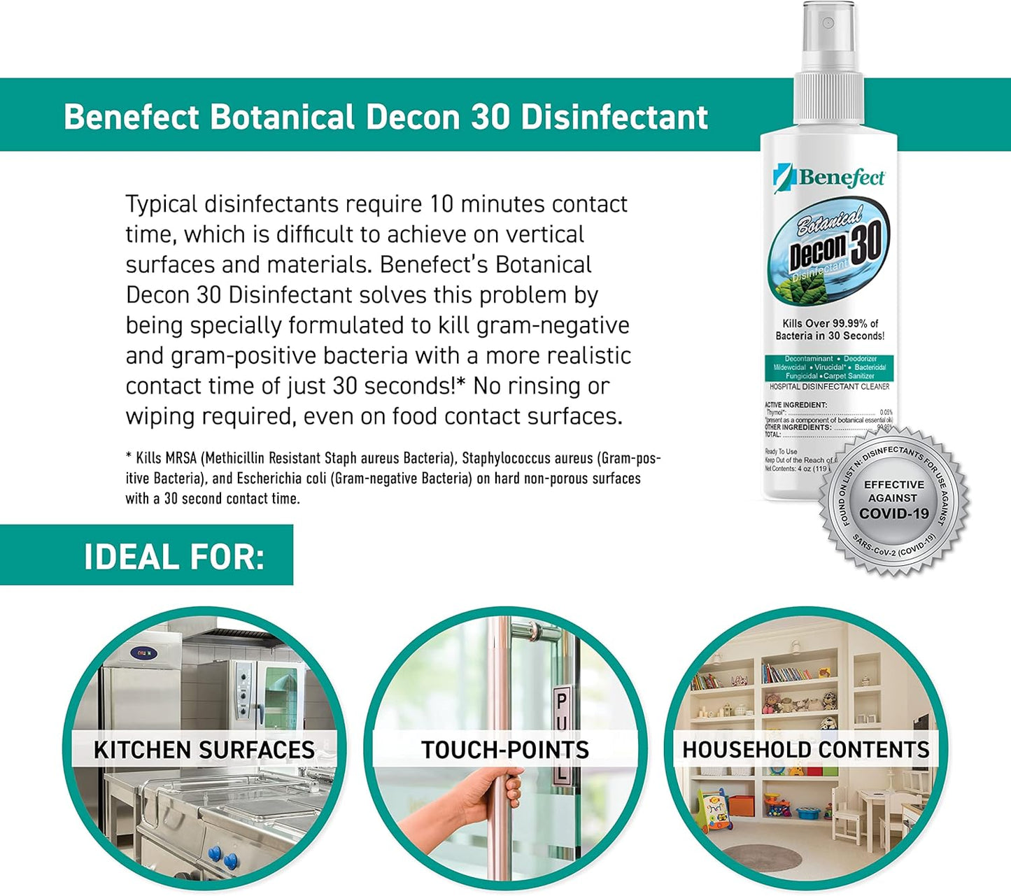 Benefect Botanical Decon 30 Disinfectant Cleaner, 4 oz. Spray Bottle, Light Lemon & Thyme Scent, Hospital Grade Disinfectant, Kills Over 99.99% of Germs, Safe for Food-Contact Surfaces (Pack of 4)