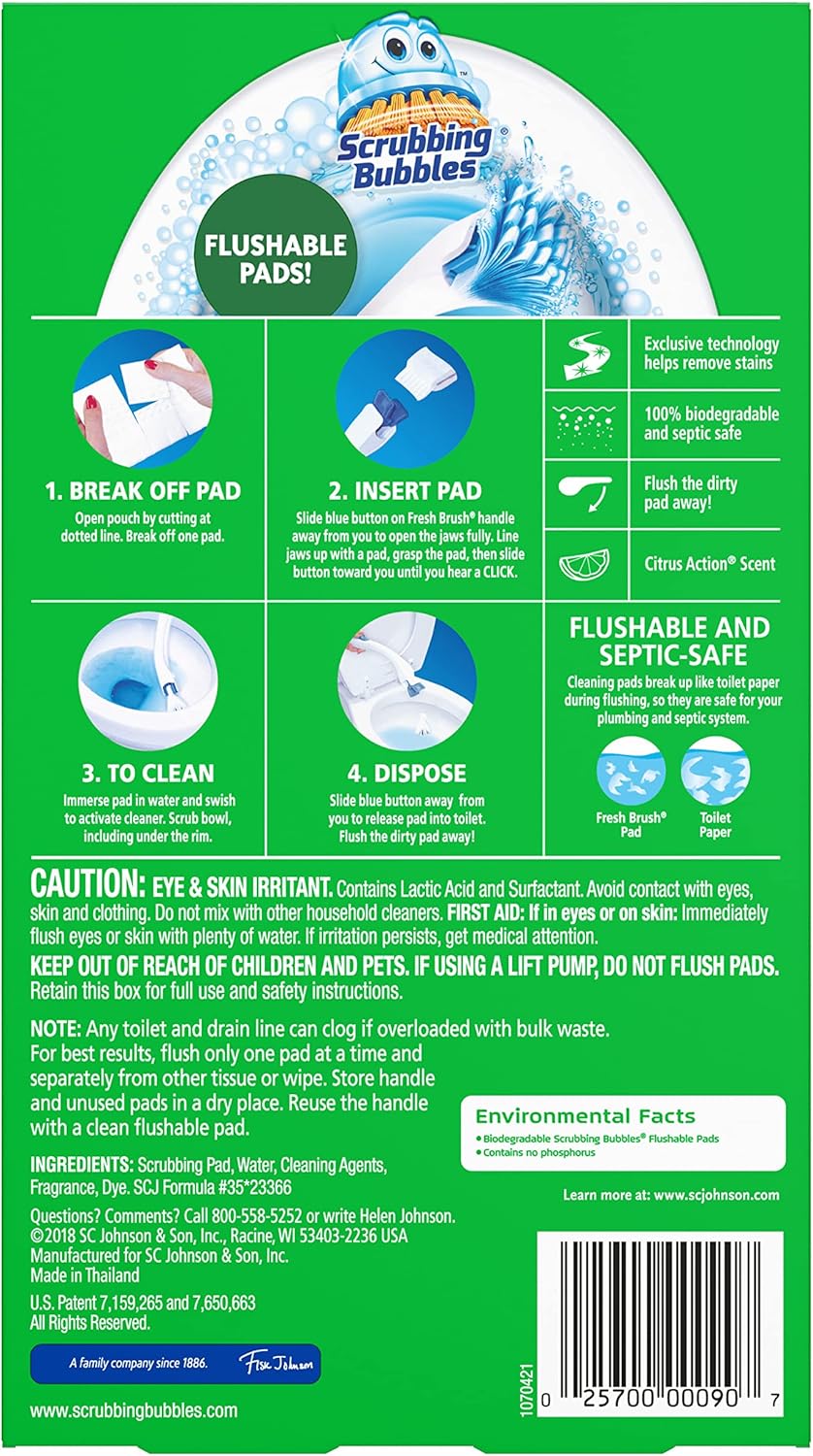 Scrubbing Bubbles Fresh Brush Flushable Refill Pads for Toilet Cleaning System, Citrus Action Scent, Toilet & Toilet Bowl Cleaner, 10 CT Refill Pads/Pack (Pack of 1)