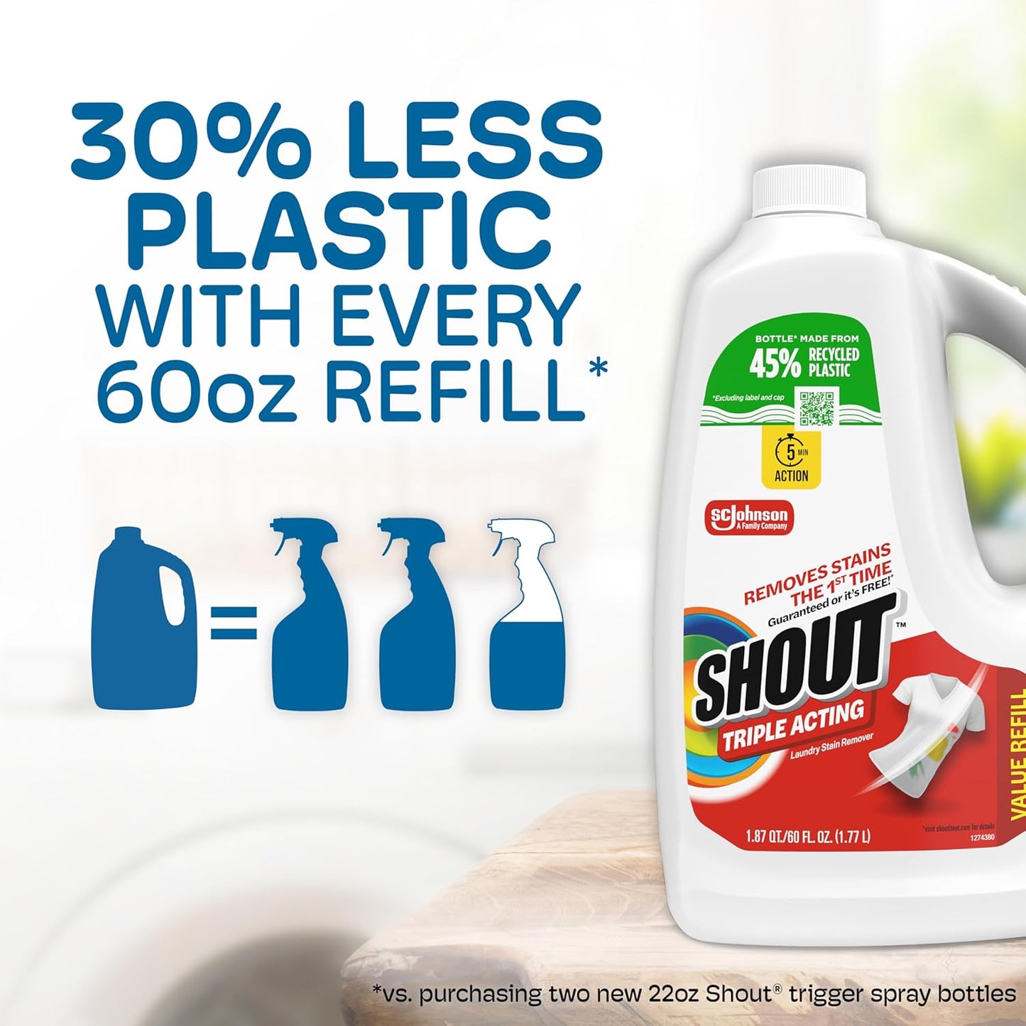 Shout Active Enzyme Laundry Stain Remover Spray for Clothes, Triple-Acting Formula Clings, Penetrates, and Lifts Tough & Everyday Stains - Prewash Refill 60oz (1.7L)