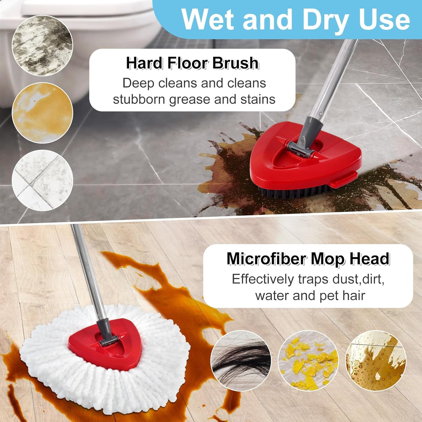 Spin Mop Handle, Mop Replacement Head,Brush,Base Compatible with OCedar EasyWring 1 Tank,2 Microfiber Mop Refills,1 Mop Base,1 Brush and 30-58" Mop Handle Combo Set for OCeda,Use for Floor Cleaning