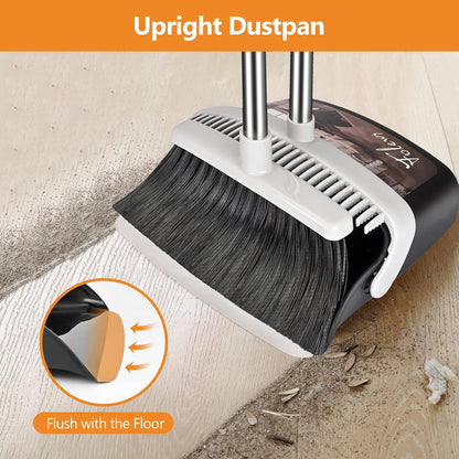 Folews Broom and Dustpan Set, Heavy Duty Dust Pan with Long Handle 51 Inch Broom with Dustpan Combo Set Upright Self-Cleaning Dust Pan Home Kitchen Lobby Indoor Outdoor Sweeping Cleaning Tool - Gray