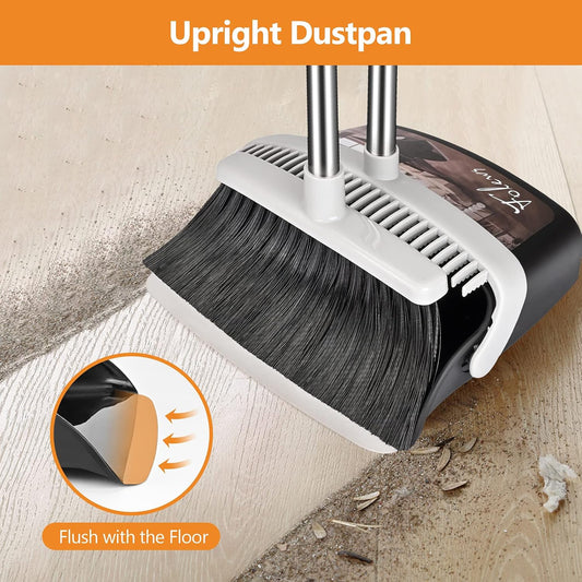 Folews Broom and Dustpan Set, Heavy Duty Dust Pan with Long Handle 51 Inch Broom with Dustpan Combo Set Upright Self-Cleaning Dust Pan Home Kitchen Lobby Indoor Outdoor Sweeping Cleaning Tool - Gray