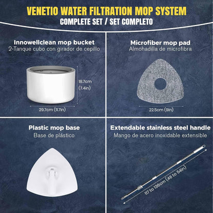 VENETIO Innowellclean Microfiber Spin Mop and Bucket Set with Patented Water Filtration System - Deep Self Cleaning/Dry/Wet All-In-One Floor Mop for Home Hardwood, Tile - Ideal for Pet Owners (2 Pads)