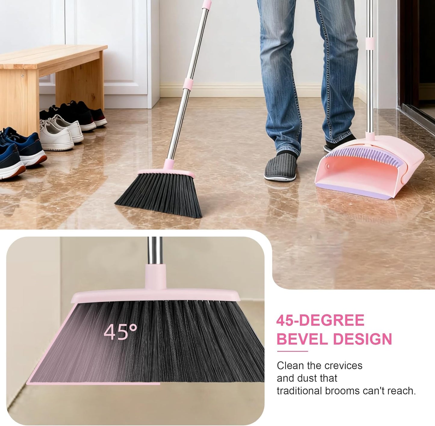 BSKLIN Pink Broom and Dustpan Set, 52-in Handle Broom Dustpan Combo Set Household Hand Broom with Dustpan Teeth to Clean Hair for Home Kitchen Office Lobby Sweeping Indoor（Pink）