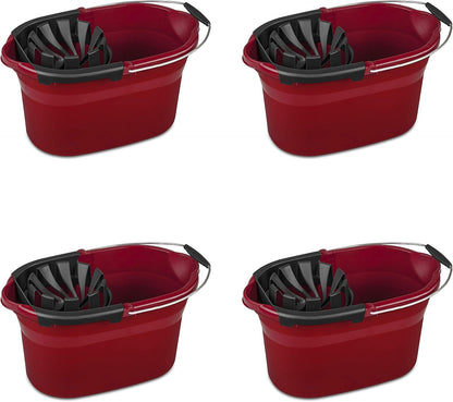 Sterilite 17.5 Qt Mop Bucket with Handle and Wringer, Ideal for Household Cleaning and Mopping, 2 Spouts to Easily Pour Water, Red, 4-Pack