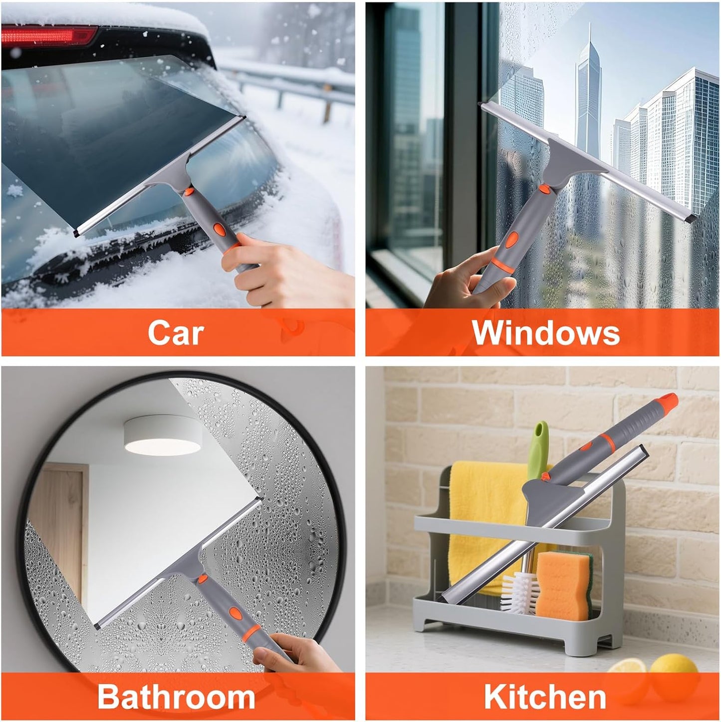 Swivel Shower Squeegee for Glass Doors, All-Purpose Anti-Slip Window Squeegee with 2 Blades, Window Cleaner Tool Bathroom Squeegee for Shower Doors, Tile Shower Walls，Mirrors,Car Windshields