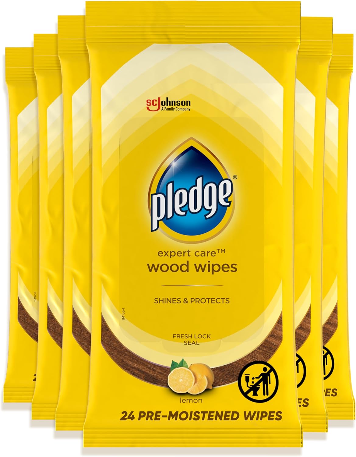Pledge Expert Care Enhancing Wood Wipes, Lemon Scent (Pack of 6, 144 Total Count), Yellow