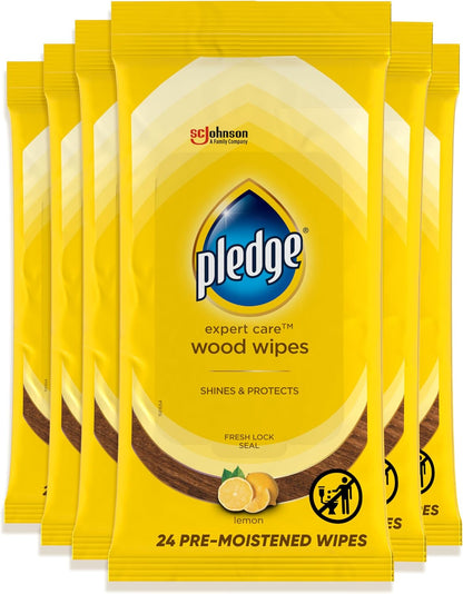 Pledge Expert Care Enhancing Wood Wipes, Lemon Scent (Pack of 6, 144 Total Count), Yellow
