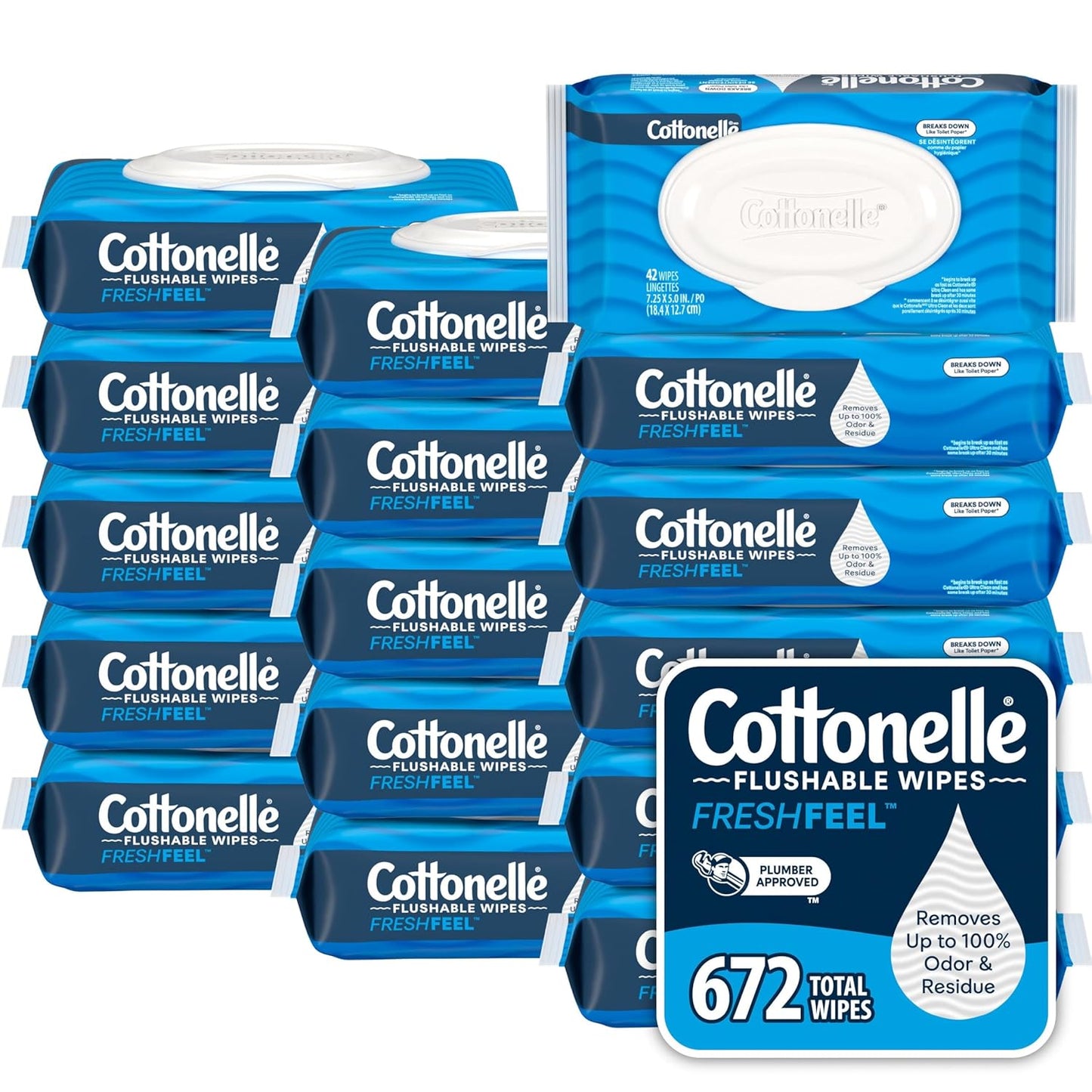 Cottonelle Fragrance Free Flushable Wet Wipes, Adult Wet Wipes, 2 Flip-Top Packs, 42 Wipes Per Pack