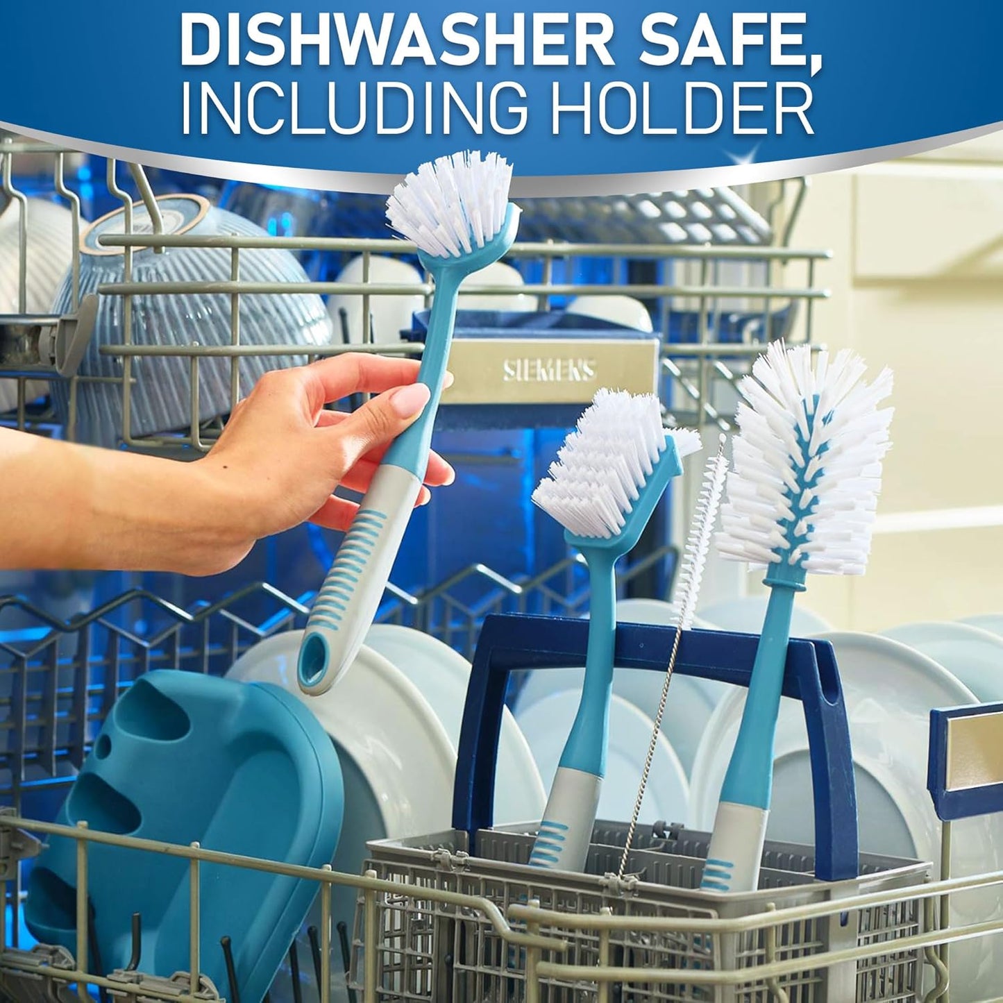 Dish Brush Set of 5 with Holder - Kitchen Scrub Brushes with Non-Slip Long Handle for Cleaning, Scrubber, Dishwashing, Dishes, Bottles, Straws, Cups, Pots & Sink, Black
