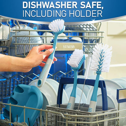 Dish Brush Set of 5 with Holder - Kitchen Scrub Brushes with Non-Slip Long Handle for Cleaning, Scrubber, Dishwashing, Dishes, Bottles, Straws, Cups, Pots & Sink, Black
