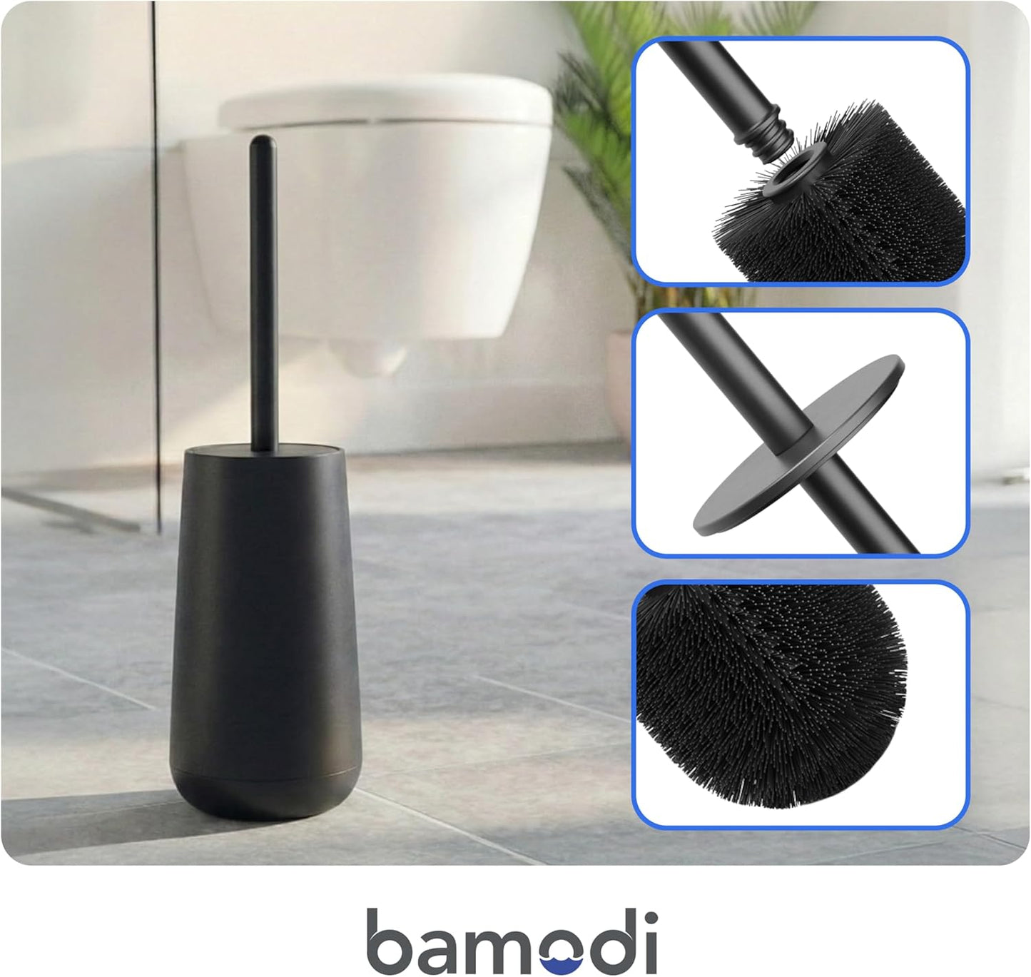 Bamodi Toilet Brush and Storage Stand - Dense PP Brush Head with Holder - Efficient Stain and Odour Removal - Modern Design and Space-Saving - Keeps Toilet Bowl Spotless - 15.27x4.40x4.40 Inch, Black