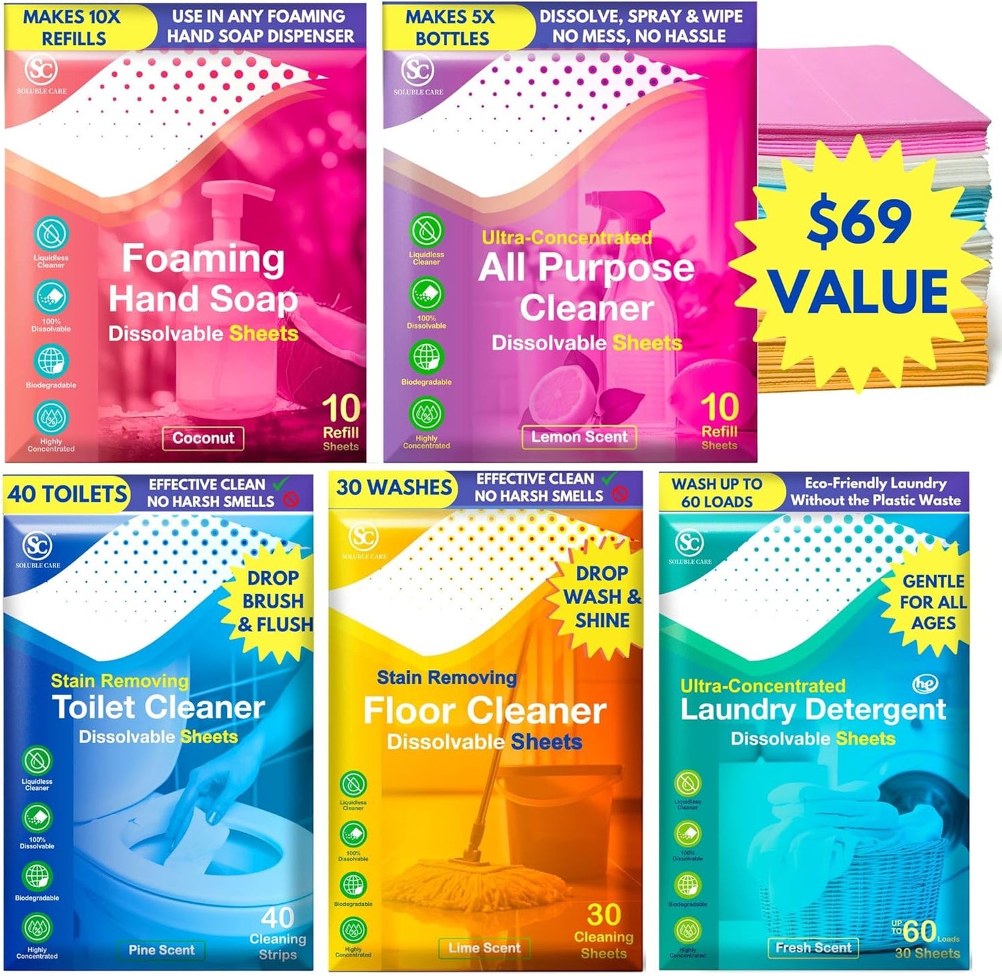 Dissolvable Toilet Bowl Cleaner Sheets (No Bottles, Easy Clean, Quick-Dissolving, Mess-Free, Septic-Safe Cleaning for Home & Office) - 40 Sheets, Pine Scent