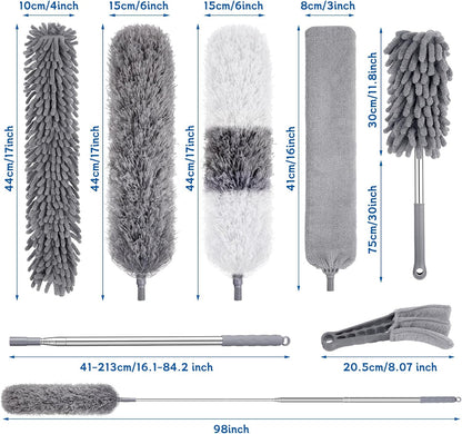 9PCS Dusters for Cleaning,Extendable Microfiber Duster with Extension Pole Up to 100'',Bendable Washable and Reusable Dusters Kit for Ceiling Fans, High Ceilings,Blinds,Furniture and Cars
