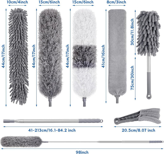 9PCS Dusters for Cleaning,Extendable Microfiber Duster with Extension Pole Up to 100'',Bendable Washable and Reusable Dusters Kit for Ceiling Fans, High Ceilings,Blinds,Furniture and Cars