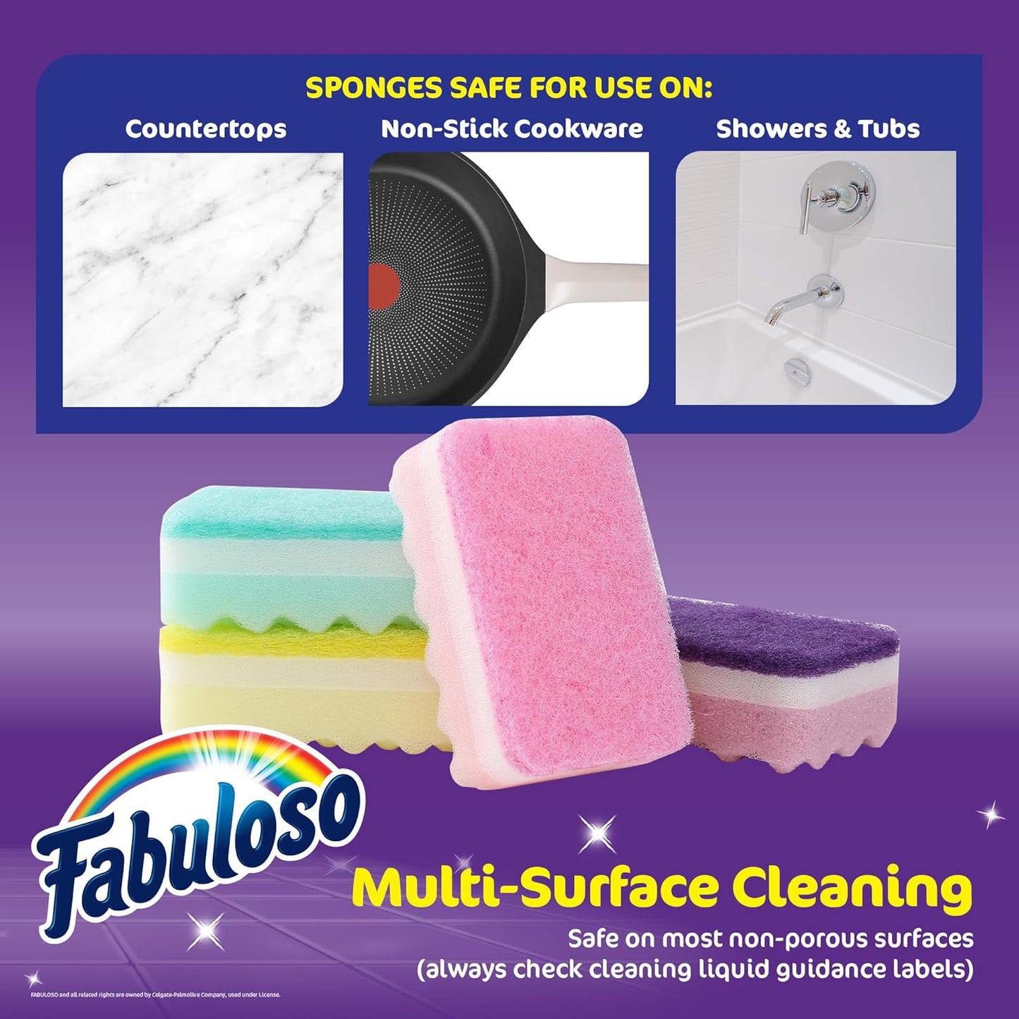 Fabuloso Scratch-Free Kitchen Dish Sponges, Purple Cellulose Scrubber Sponge with Scouring Pad for Dishes, Pots, Pans, Counters and Sinks, Tough on Messes, 4.25 x 2.75 x 1.25 in, 6 Count