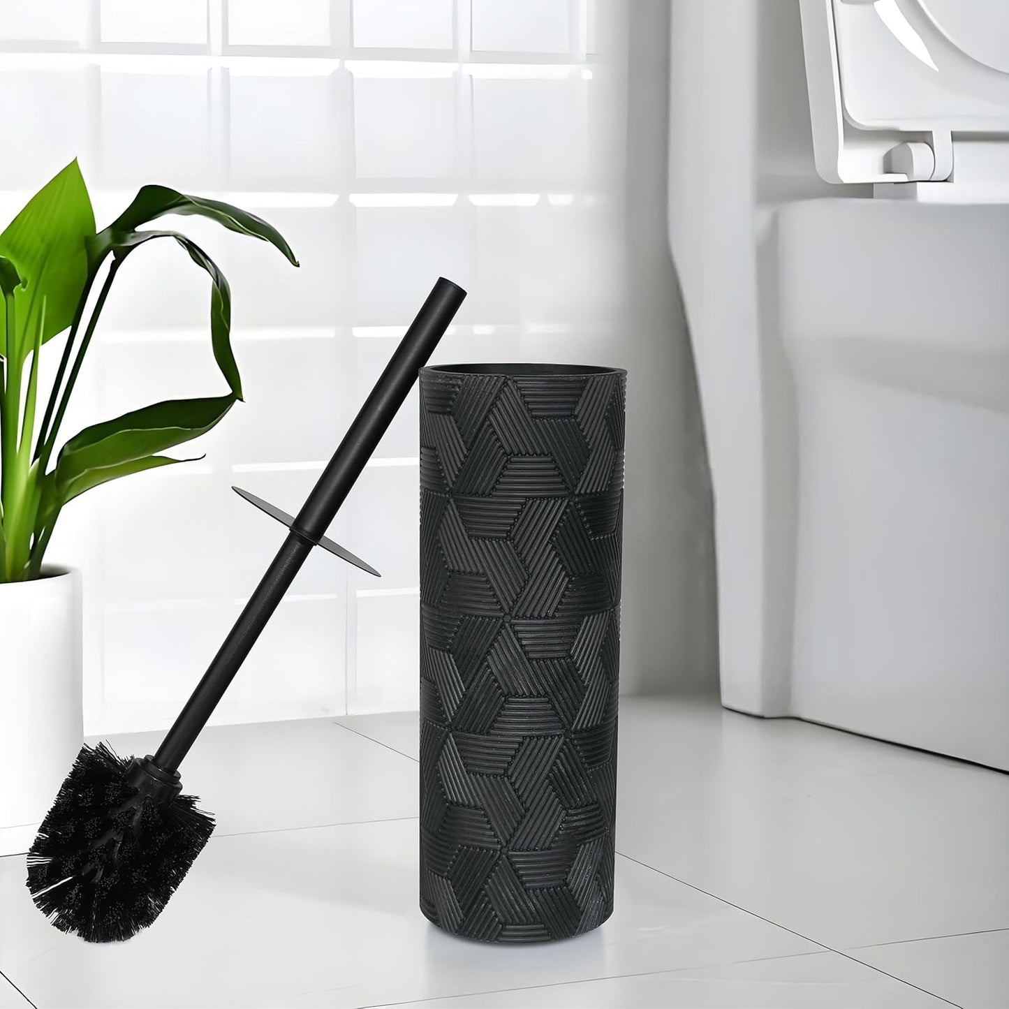 White Floral Branches Design Resin Toilet Bowl Brush and Holder Set, Elegant Bathroom Cleaning Tool with Durable Bristles, Compact and Functional