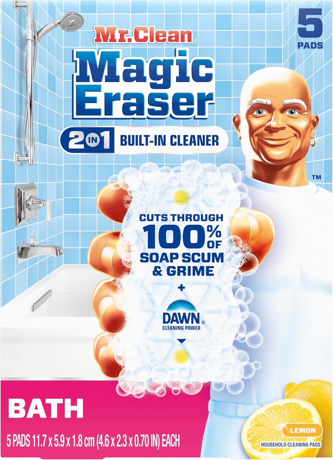 Mr. Clean Magic Eraser Sponge, Bathroom, Shower, Tub Cleaner, Soap Scum Remover, Bathroom Cleaning Supplies, Dawn Cleaning Power with Lemon Scent, Shower & Tub, 6ct