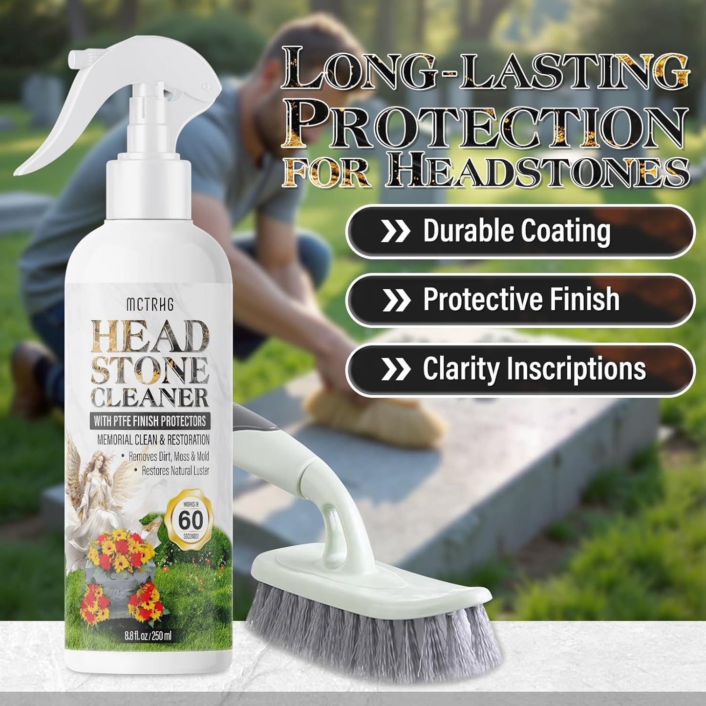 Headstone Cleaner for Graves, Tombstone & Headstone, Removes Dirt, Moss & Other Grime, for Restoring Natural Luster on Granite, Stone, Marble, Slate, Concrete & More, 8.8 oz