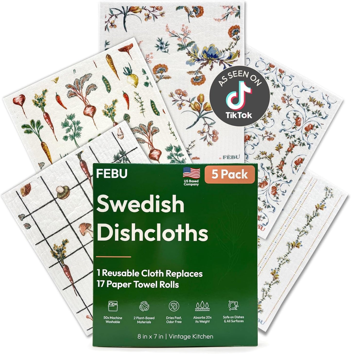 FEBU Swedish Dishcloths for Kitchen | 5 Pack Watercolor Reusable Paper Towels Washable | Swedish Dish Towels | Non-Scratch Cellulose Sponge Cloths | No Odor, Biodegradable Cleaning Cloths