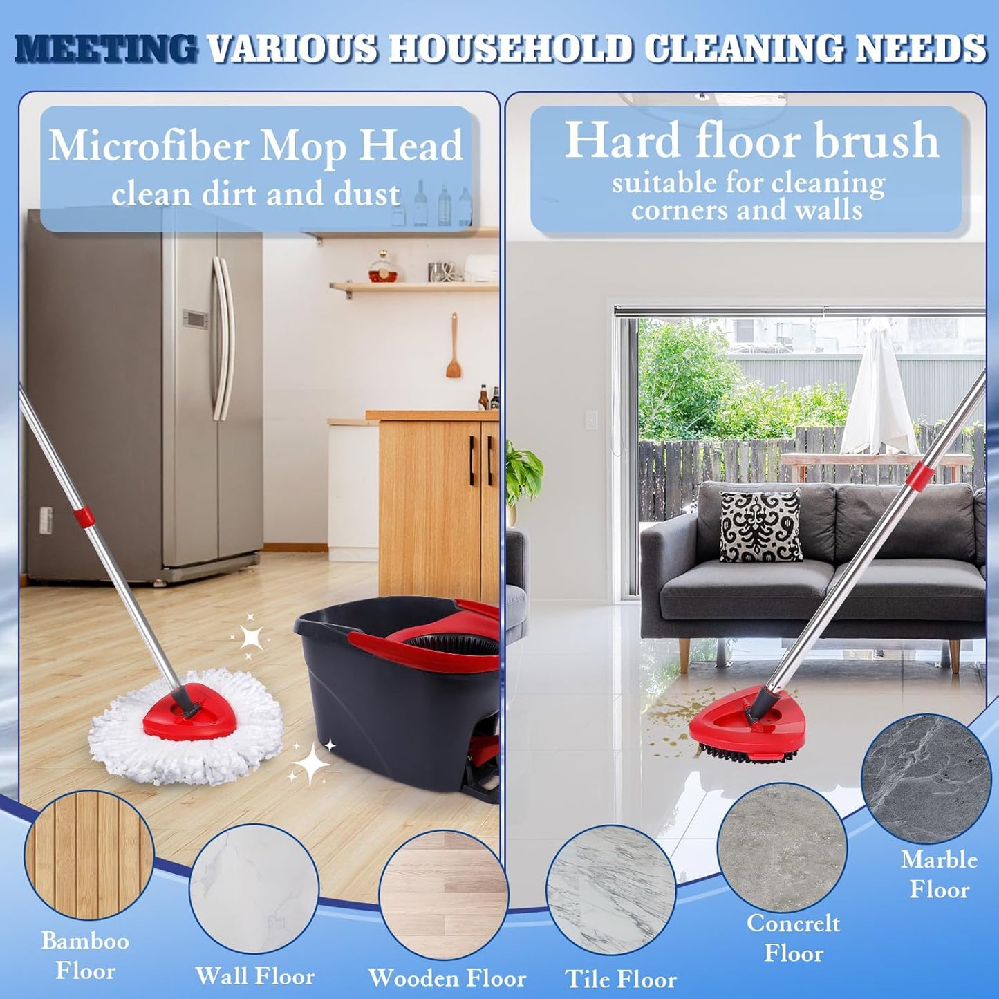 4 Packs Spin Mop Replacement Heads Compatible with Ocedar RinseClean 2-Tank System, 30-58" Mop Handle,Mop Scrub Brush and Base Combo Set,Mopping Refills Easy to Replace and Cleaning
