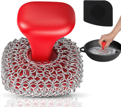 Cast Iron Scrubber | Dish Scrub Brush | 316 Cast Iron Cleaner Chainmail Scrubber for Pan Skillet Cleaner - Dish Scouring Pad Dishwasher Safe Cleaning Kit, Blue