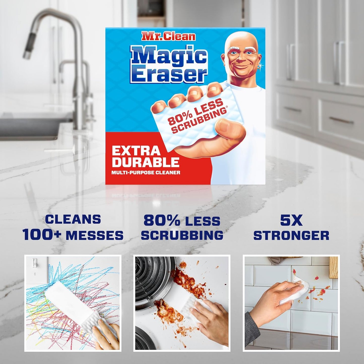 Mr. Clean Magic Eraser Sponge, All Purpose Cleaner, Cleaning Scrubber, Wall, Sneaker, Kitchen, Bathroom, Shower Cleaner, Cleaning Supplies, Melamine Sponge, Cleaning Pads, Extra Durable, 10ct