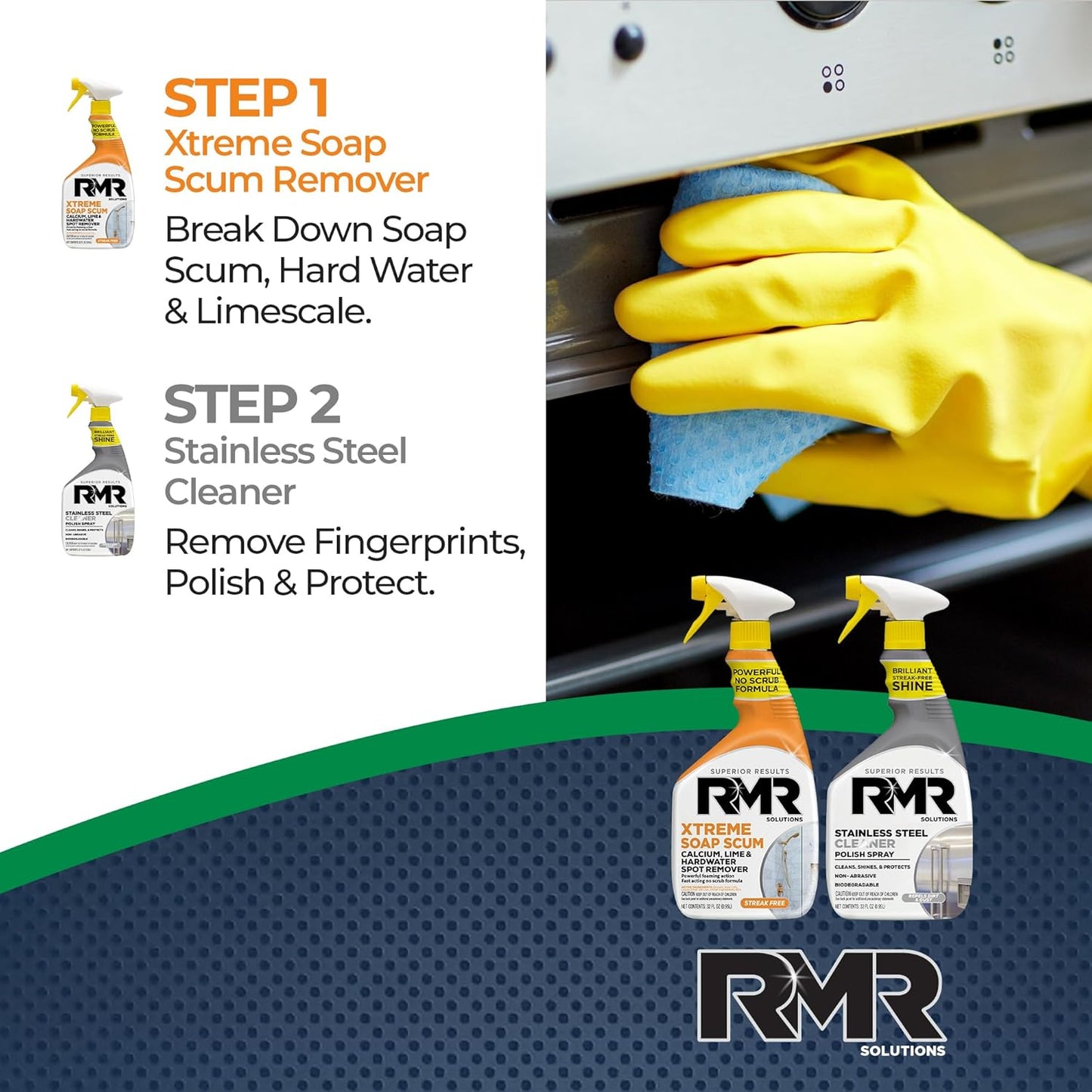 RMR Buildup Breakdown Bundle – Xtreme Soap Scum Remover + Stainless Steel Cleaner Polish, 2-Step Bathroom & Kitchen Cleaning Kit for Shower, Tub, Tile, Glass & Stainless Appliances, 2–32 Oz Bottles