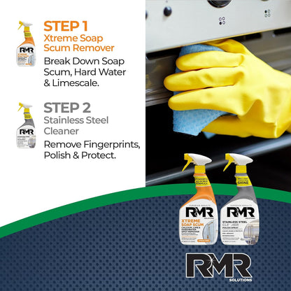 RMR Buildup Breakdown Bundle – Xtreme Soap Scum Remover + Stainless Steel Cleaner Polish, 2-Step Bathroom & Kitchen Cleaning Kit for Shower, Tub, Tile, Glass & Stainless Appliances, 2–32 Oz Bottles