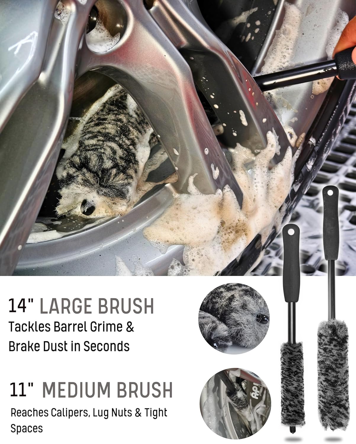 oesee Refined Long Handle Car Wheel Brush Arsenal, Soft Wheel and Rim Brush,Tire Brush, Bendable & Durable Car Wheel Rim Cleaner Brush Set for Cleaning Wheel and Tire, Large, Grey & Black
