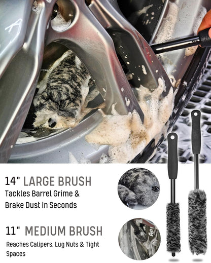 oesee Refined Long Handle Car Wheel Brush Arsenal, Soft Wheel and Rim Brush,Tire Brush, Bendable & Durable Car Wheel Rim Cleaner Brush Set for Cleaning Wheel and Tire, Large, Grey & Black