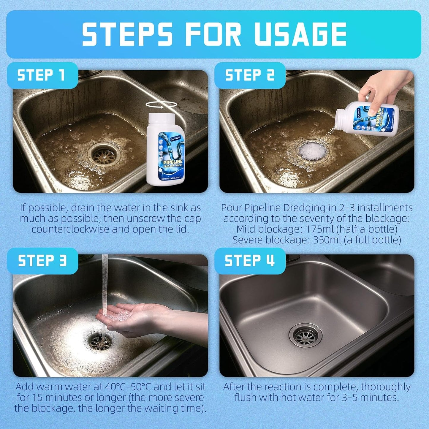 Pipeline Dredging Agent, Powerful Drain Cleaner Agent, Kitchen Unblocker, Sink and Drain Cleaner Powder for Kitchen Toilet Pipeline Quick Cleaning Tool