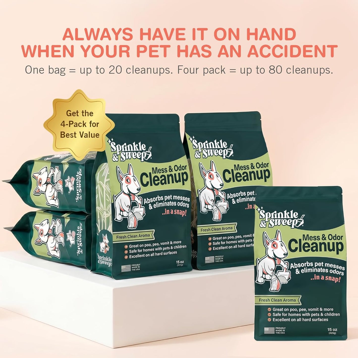 Sprinkle & Sweep: Pet Mess & Odor Cleanup - 15oz Bag - Dog Accident & Mess Clumping Powder, Remove Pee-Poop-Vomit from Hard Surfaces, Ultra-Absorbent