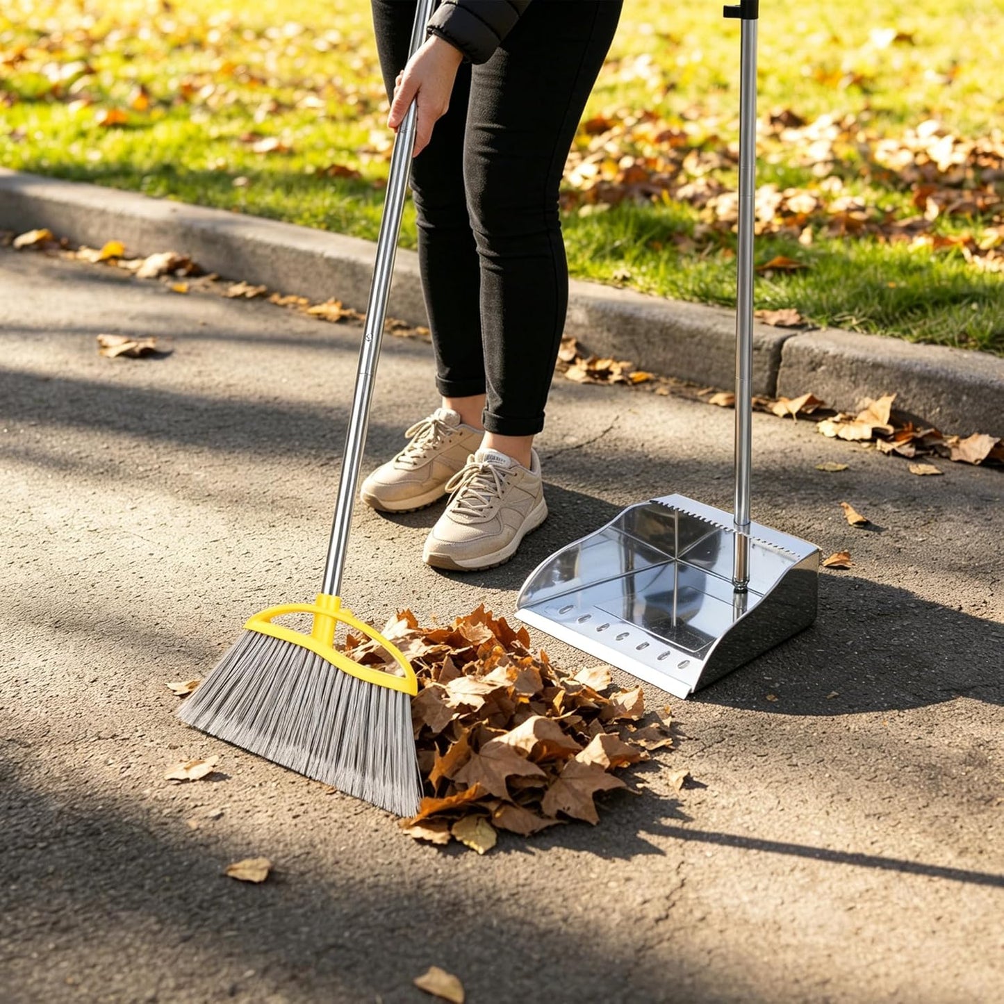 Stainless Steel Dustpan with Outdoor Stiff Bristles Broom,Long Handle Metal Dust Pan and Heavy Duty Broom for Home,Lobby,Office