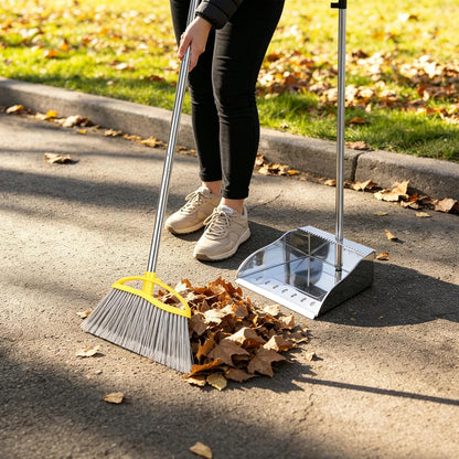 Stainless Steel Dustpan with Outdoor Stiff Bristles Broom,Long Handle Metal Dust Pan and Heavy Duty Broom for Home,Lobby,Office