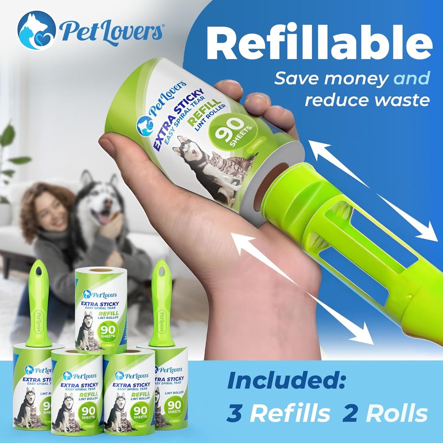 PetLovers Extra Sticky Lint Roller Mega Value Set 450 Sheets for Pet Hair Removal and Clothes, Dog and Cat Lint Remover 5 Pack