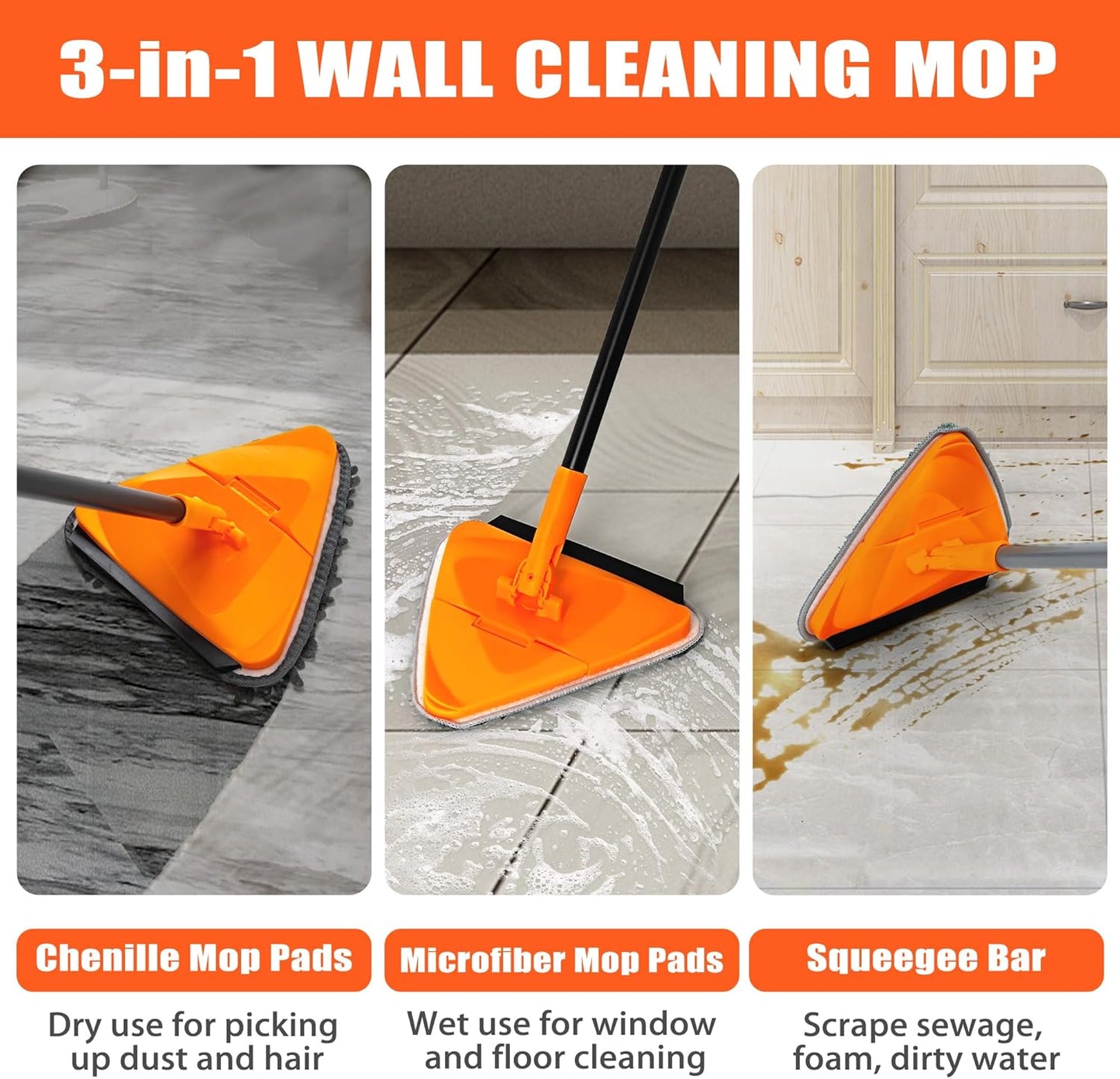 JEHONN Wall Cleaner Mop with Long Handle 82 Inches, 3-in-1 Ceiling Cleaning Tool Duster with 6 Replacement Microfiber Chenille Pads for Painted Walls, Window, Floor, Baseboard