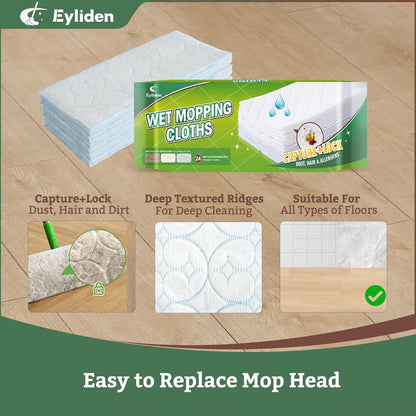 Eyliden 24 Count Wet Mop Pads Refills, Pre-Moistened Floor Cleaning Disposable Pads with Cleaner for 10 inch Sweeper Mops, Safe for Hardwood Laminate Tile Vinyl and Linoleum Floors