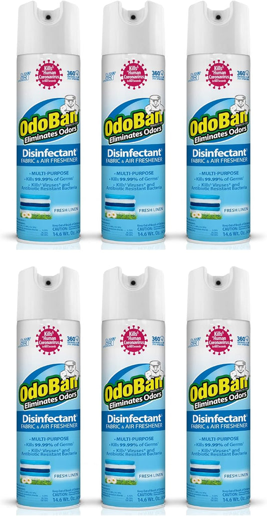 OdoBan Ready-to-Use 360-Degree Continuous Spray Disinfectant and Harsh Aroma Eliminator, Fabric and Air Freshener, 6 Pack, 14.6 Ounces Each, Fresh Linen Scent