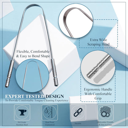 MasterMedi Tongue Scraper for Adults, 100% Stainless Steel Tongue Scrubber for Bad Breath, Easy to Use, Tongue Cleaner for Oral Care & Hygiene (SS Uni|Pack of 2)