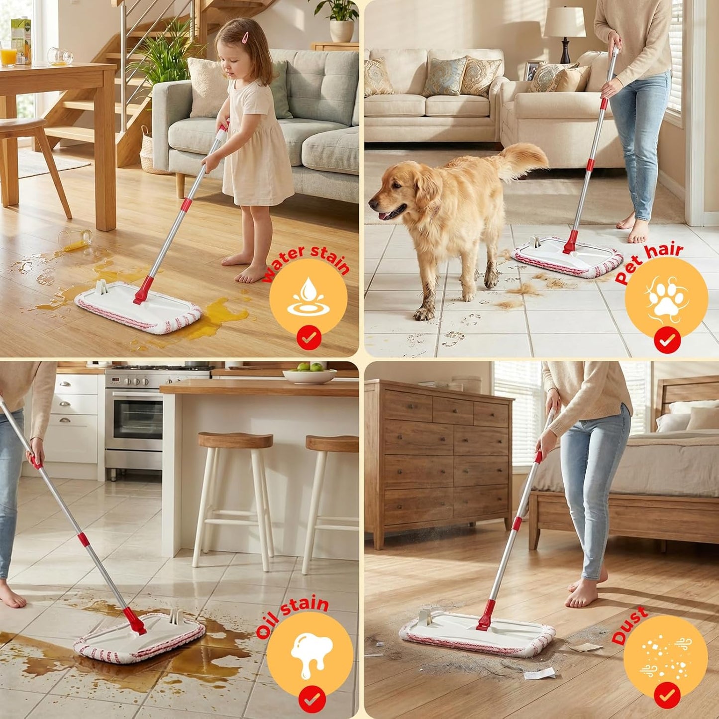 OZD Flat Mops for Floor Cleaning , with 5 Reusable 16x9in Dual-Fiber Mop Heads, Remove Stubborn Stains, Wet and Dry Use, Suitable for Hardwood, Tile, Laminate Flooring etc, Red
