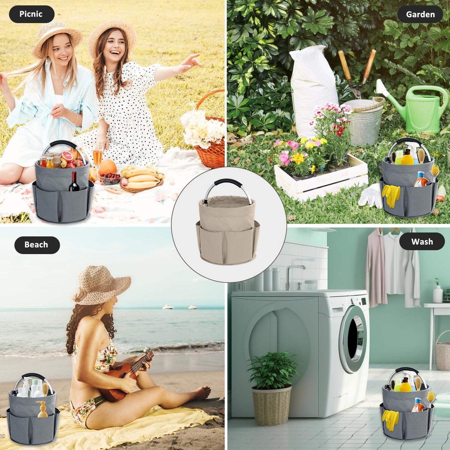17L Cleaning Caddy with Handle, Cleaning Supplies Organizer, Foldable Storage Basket, Cleaning Supply Caddy, Portable Multi Cleaning Bucket Bag for Home, Garden (Pink)