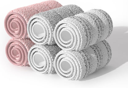 JOYMOOP 17.7-Inch Microfiber Flat Mop Replacement Pads – Washable Reusable Grey & Stripe, Pack of 4 Heavy-Duty Wet & Dry Refill for JOYMOOP Flat Mop & Bucket System