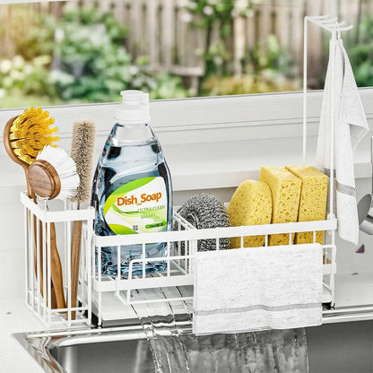 Sponge Holder for Kitchen Sink – Rustproof Stainless Steel with Detachable Drainboard, Brush Rack & Towel Bar | Compact, Non-Slip Design for Countertop Bathroom