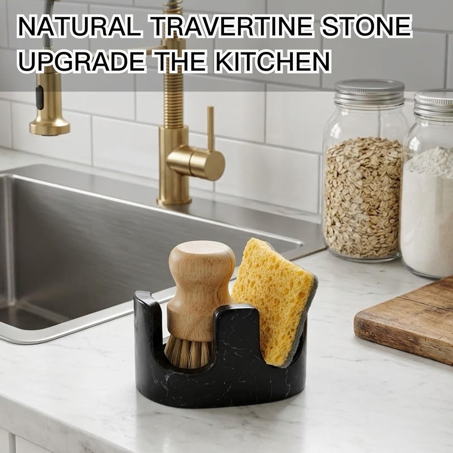 White Marble Sponge Holder for Kitchen Sink, 2-in-1 Sponge & Brush Holder with Raised Edge, 2 Slot Natural Stone Sink Caddy for Countertop, Keeps Countertops Dry, Non-Slip Base, Modern Kitchen Decor