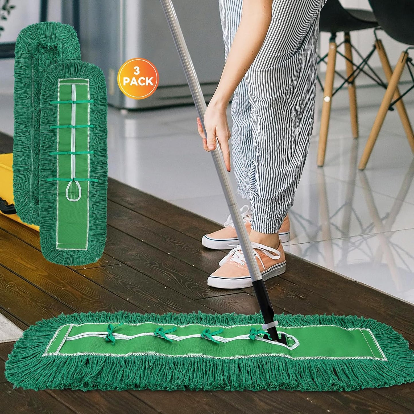 36 Inch Dust Mop Head: Replacement Medium Washable Commercial Mop Head Sweeper and Janitorial Replacement Green (Green - 36 Inch, 3 Pack)