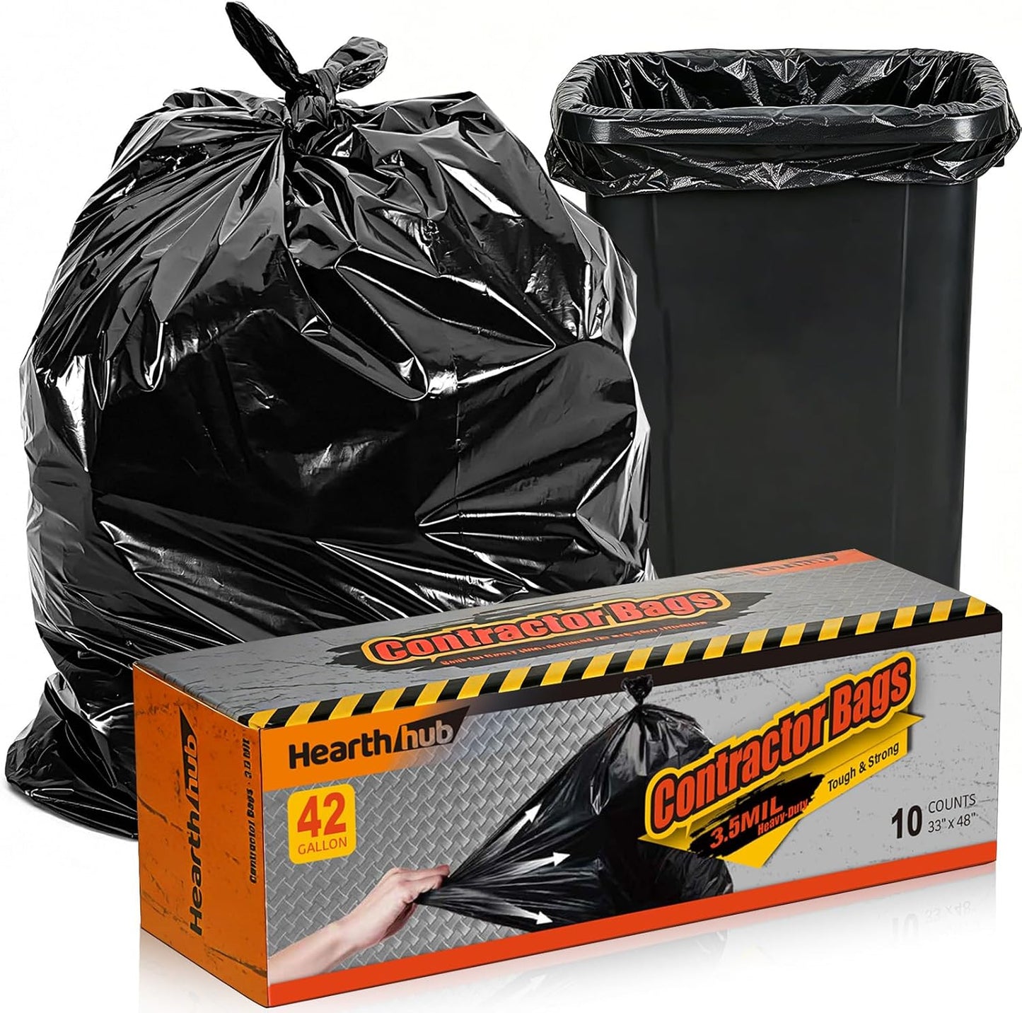 42 Gallon Contractor Garbage Bags - 3.5 MIL Thick Heavy Duty Trash Bags - 33" X 48" Large Black Bag for Construction, Commerical, Industrial, Yard, Outdoor Use (10 Count)