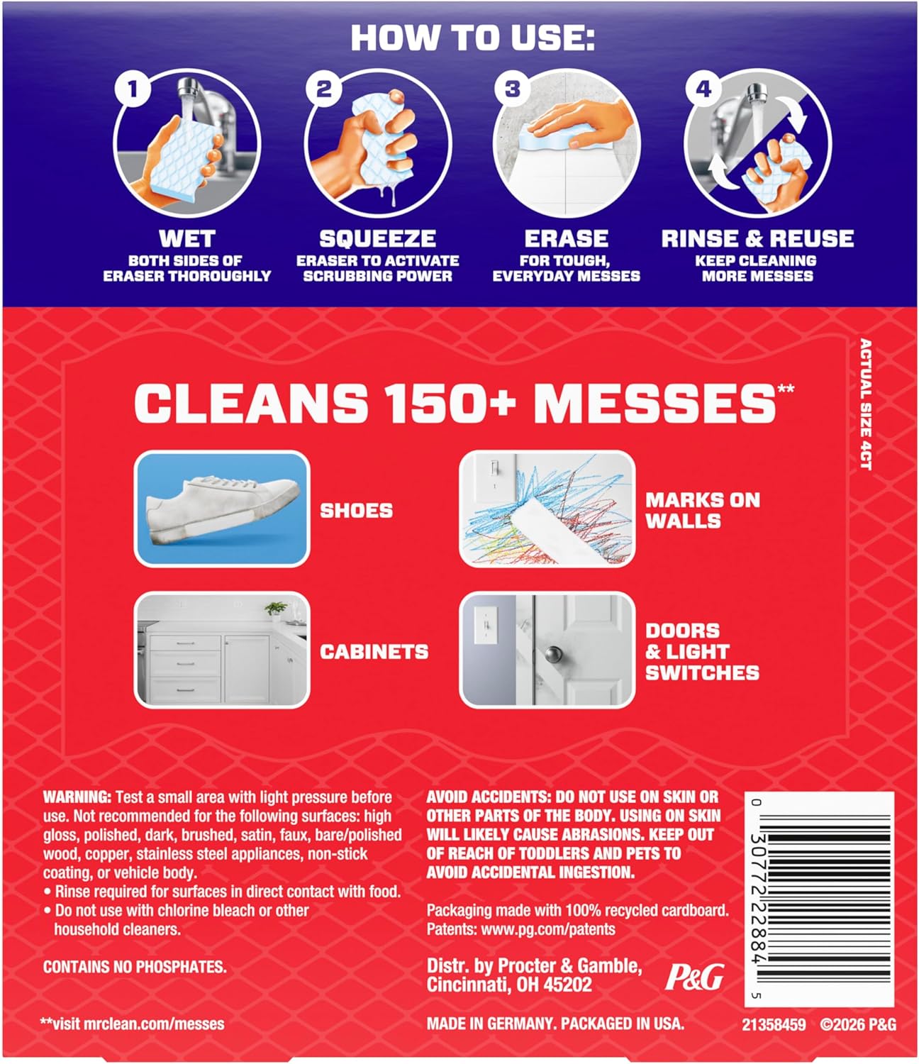 Mr. Clean Magic Eraser Sponge, All Purpose Cleaner, Cleaning Scrubber, Wall, Sneaker, Kitchen, Bathroom, Shower Cleaner, Cleaning Supplies, Melamine Sponge, Cleaning Pads, Extra Durable, 10ct
